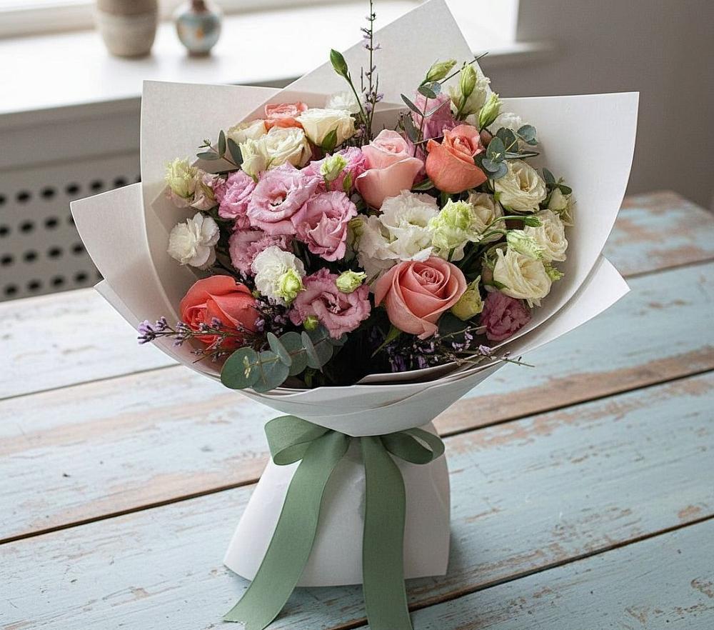 Букет цветов из: Розы, Лизиантусы и Гвоздики в Нерль