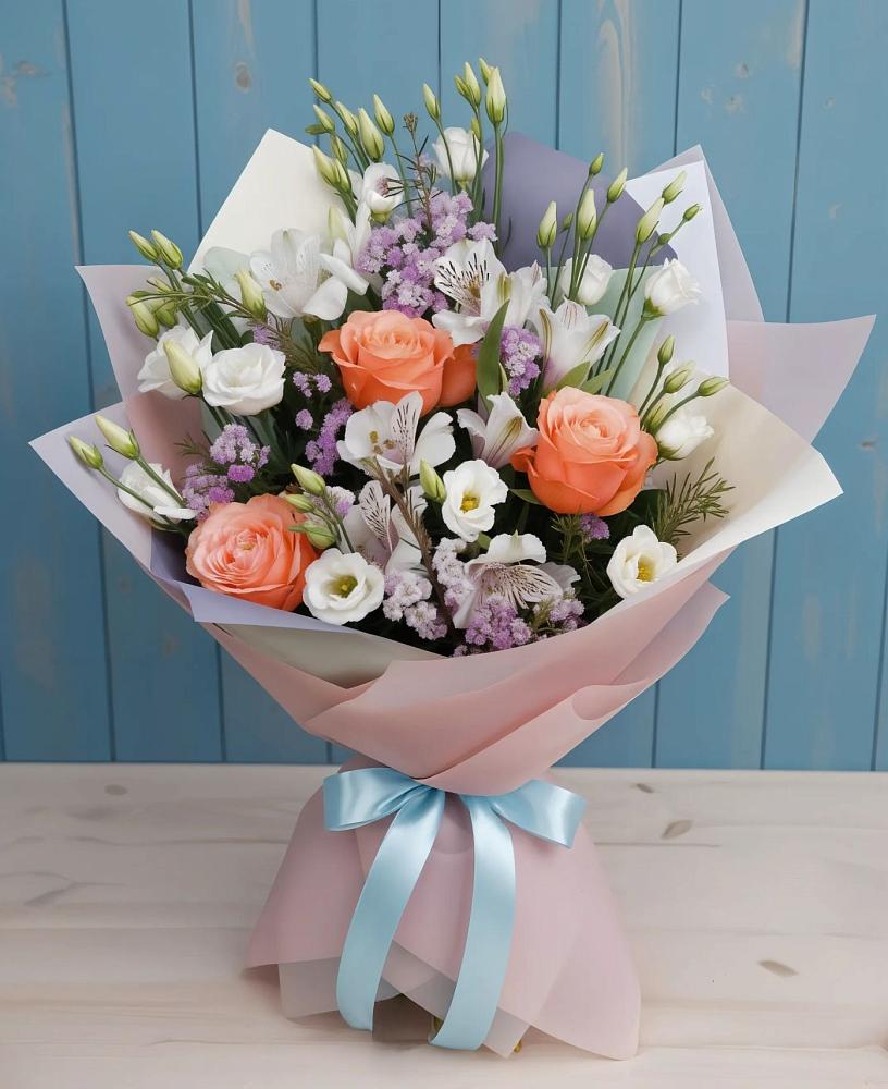 Букет цветов из: Лизиантусы, Розы, Альстромерии и Гипсофила в Нерль