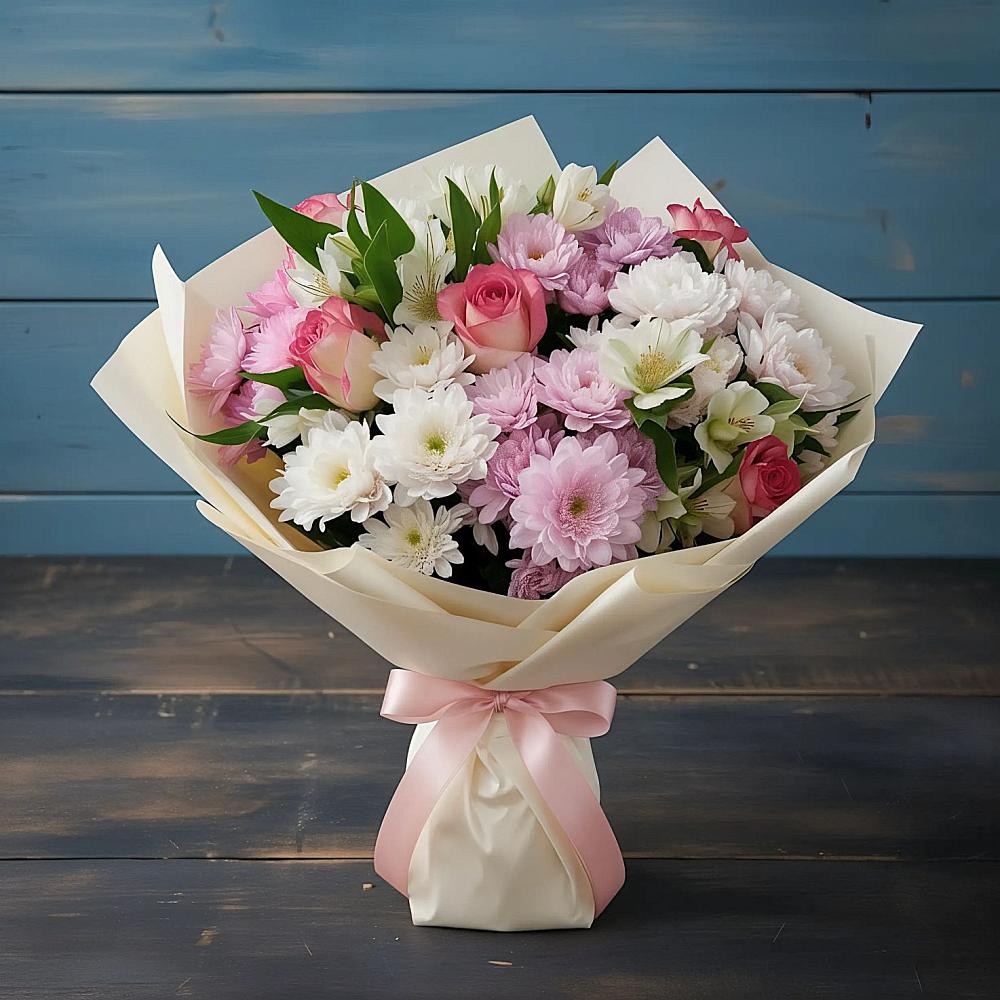 Букет цветов из: Хризантемы, Альстромерии и Розы в Нерль